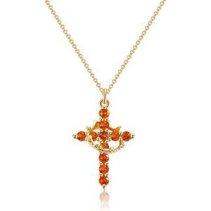 Women M07 Ruby Red, Jul 14K Gold Plated Crown Cross Necklace - Non-Tarnish